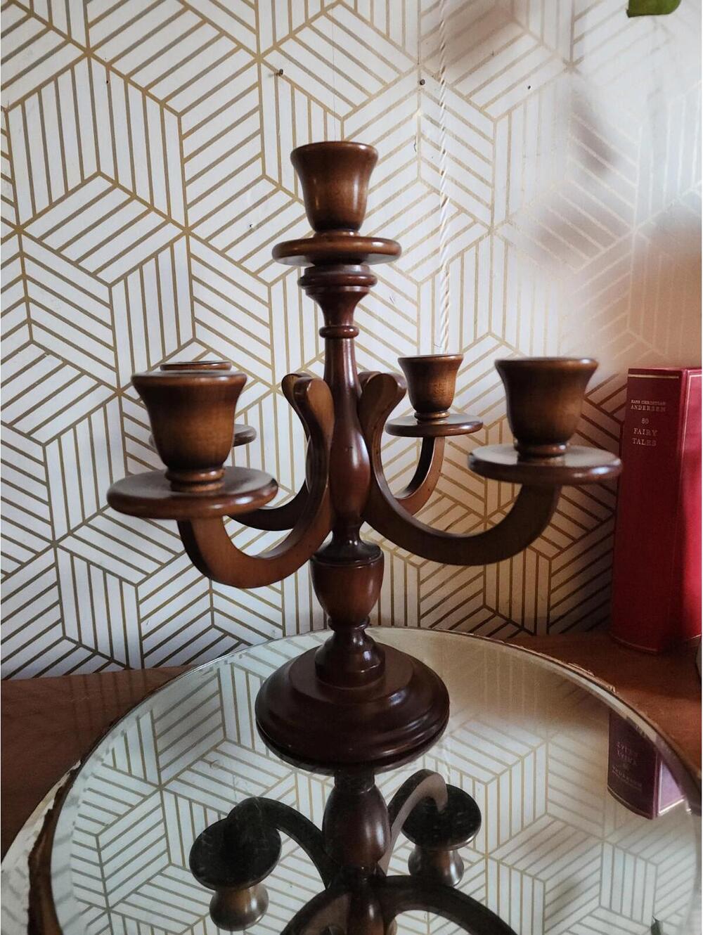 Vintage Midcentury Wooden 4 Arm 5 Candle Candelabra 13"